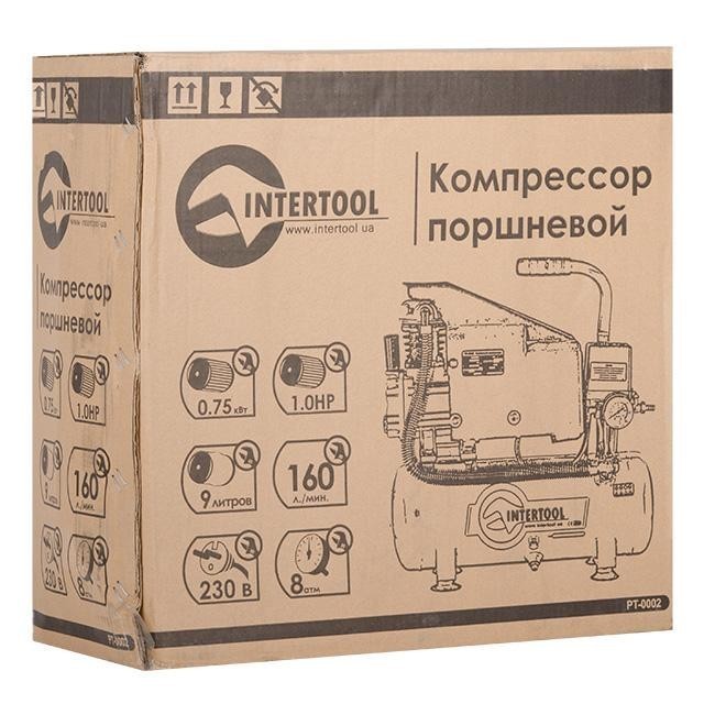 Компресор 9 л, 0.75 кВт, 220 В, 8 атм, 160 л/хв INTERTOOL PT-0002