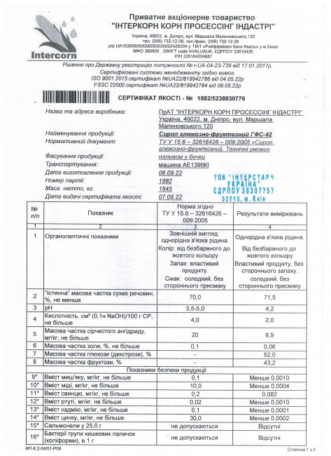 ГФС-42 Глюкозно-фруктозний сироп наливом САМОВИВОЗ